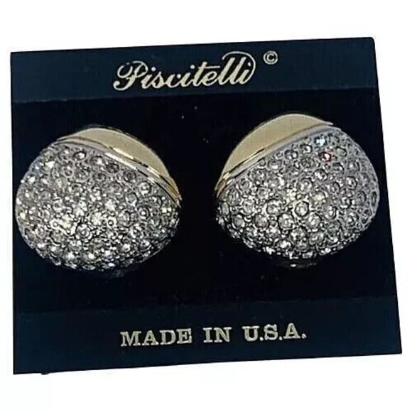 Piscitelli Crystal Dome Gold Button Earrings 1” Clip On Designer - Picture 12 of 12